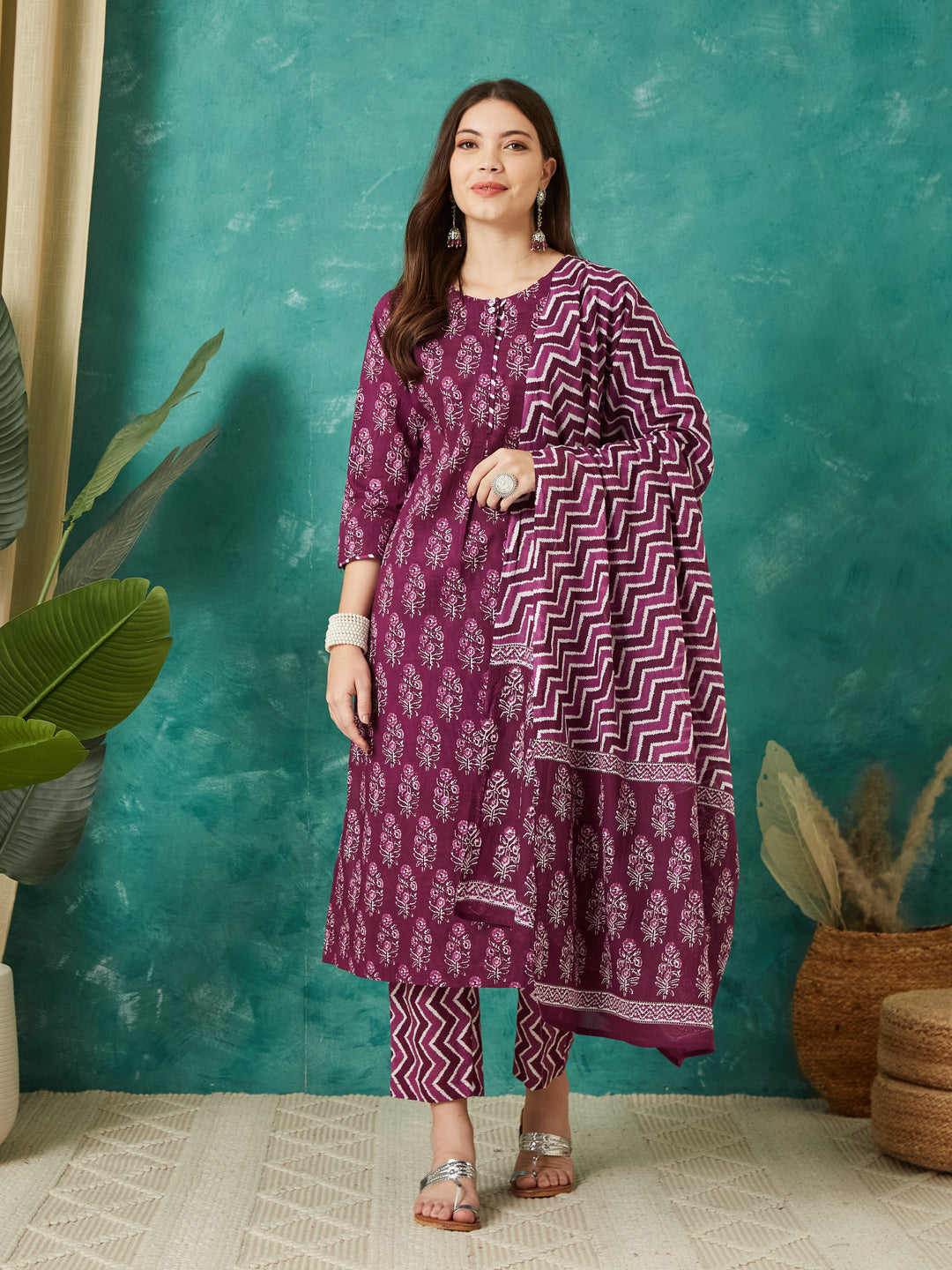 VASVI Cotton Floral Printed Kurta Pant with Dupatta, Purple