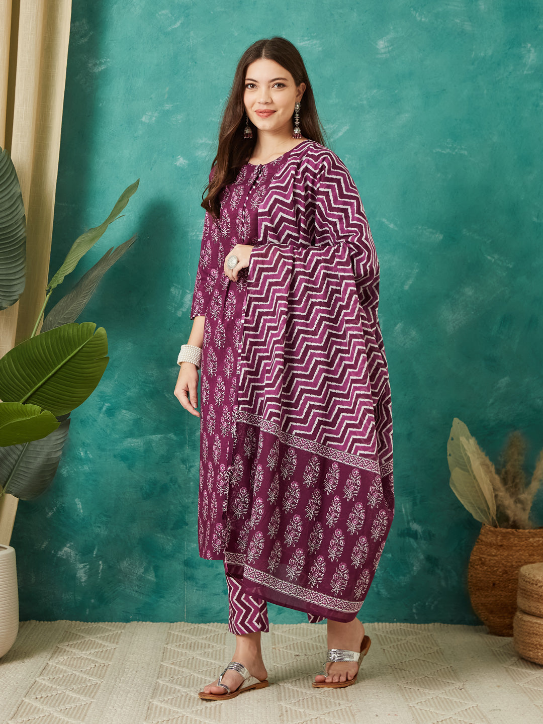 VASVI Cotton Floral Printed Kurta Pant with Dupatta, Purple