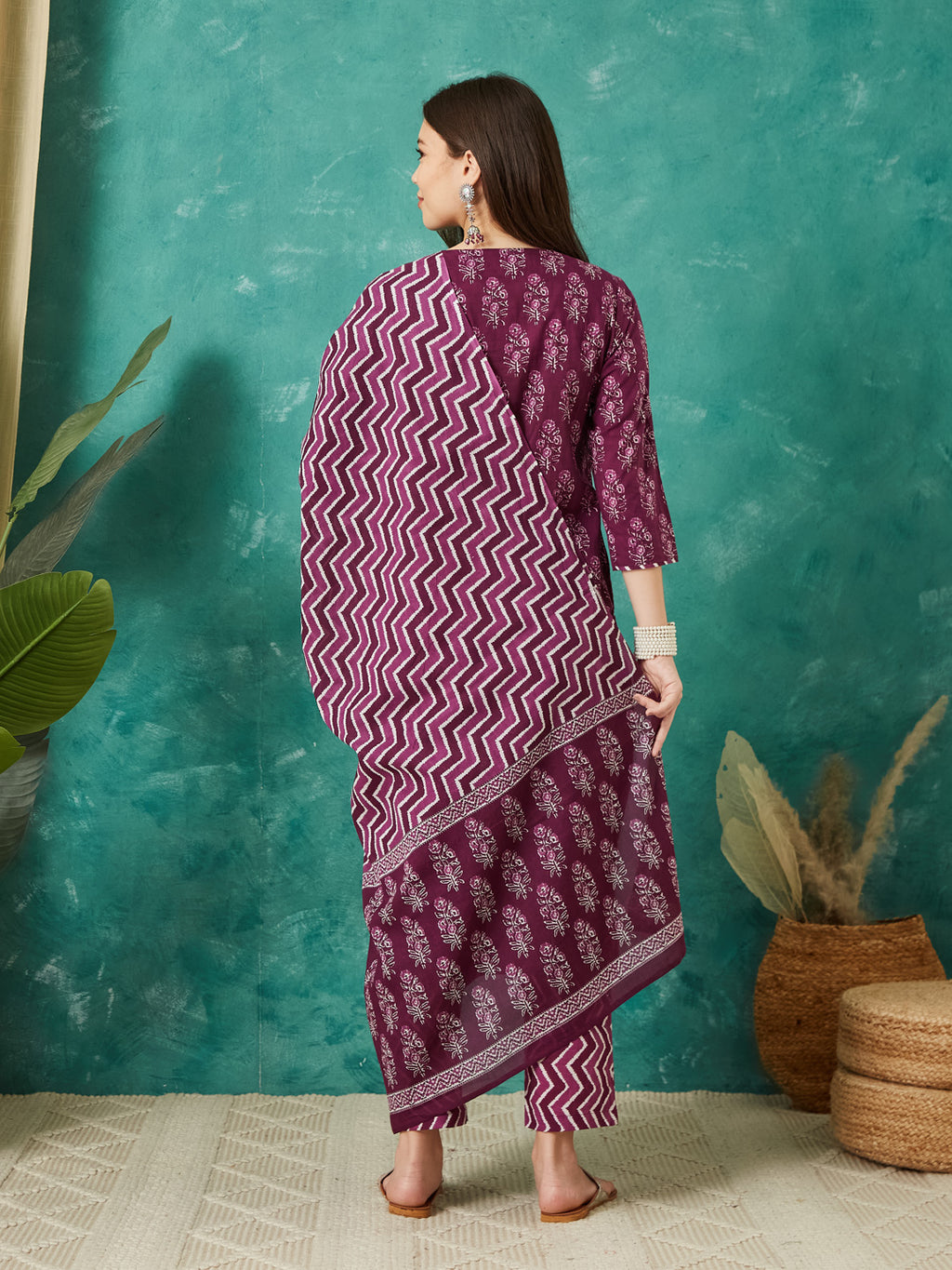 VASVI Cotton Floral Printed Kurta Pant with Dupatta, Purple