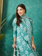 VASVI Cotton Floral Printed Kurta Pant with Dupatta, Teal Green
