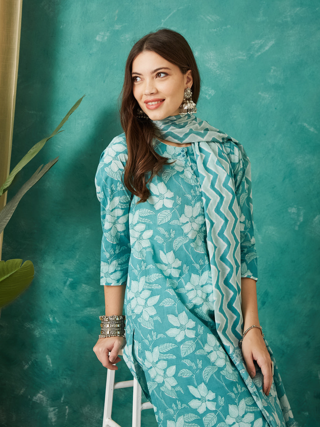 VASVI Cotton Floral Printed Kurta Pant with Dupatta, Teal Green