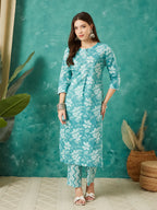 VASVI Cotton Floral Printed Kurta Pant with Dupatta, Teal Green