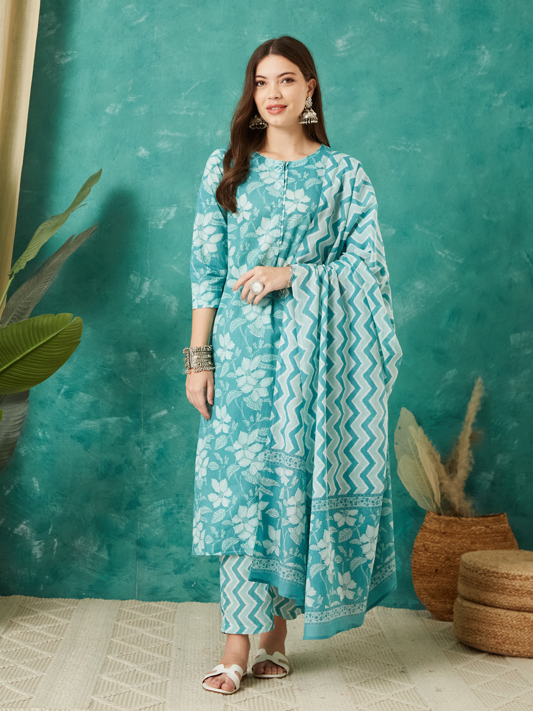 VASVI Cotton Floral Printed Kurta Pant with Dupatta, Teal Green
