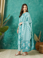 VASVI Cotton Floral Printed Kurta Pant with Dupatta, Teal Green