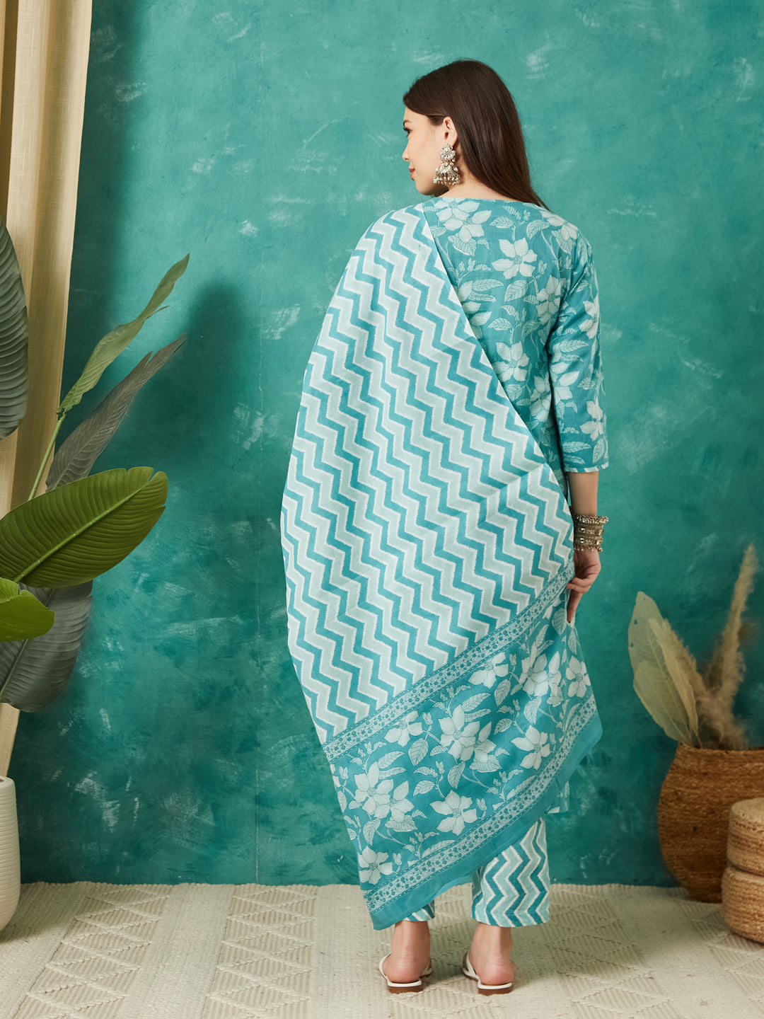 VASVI Cotton Floral Printed Kurta Pant with Dupatta, Teal Green