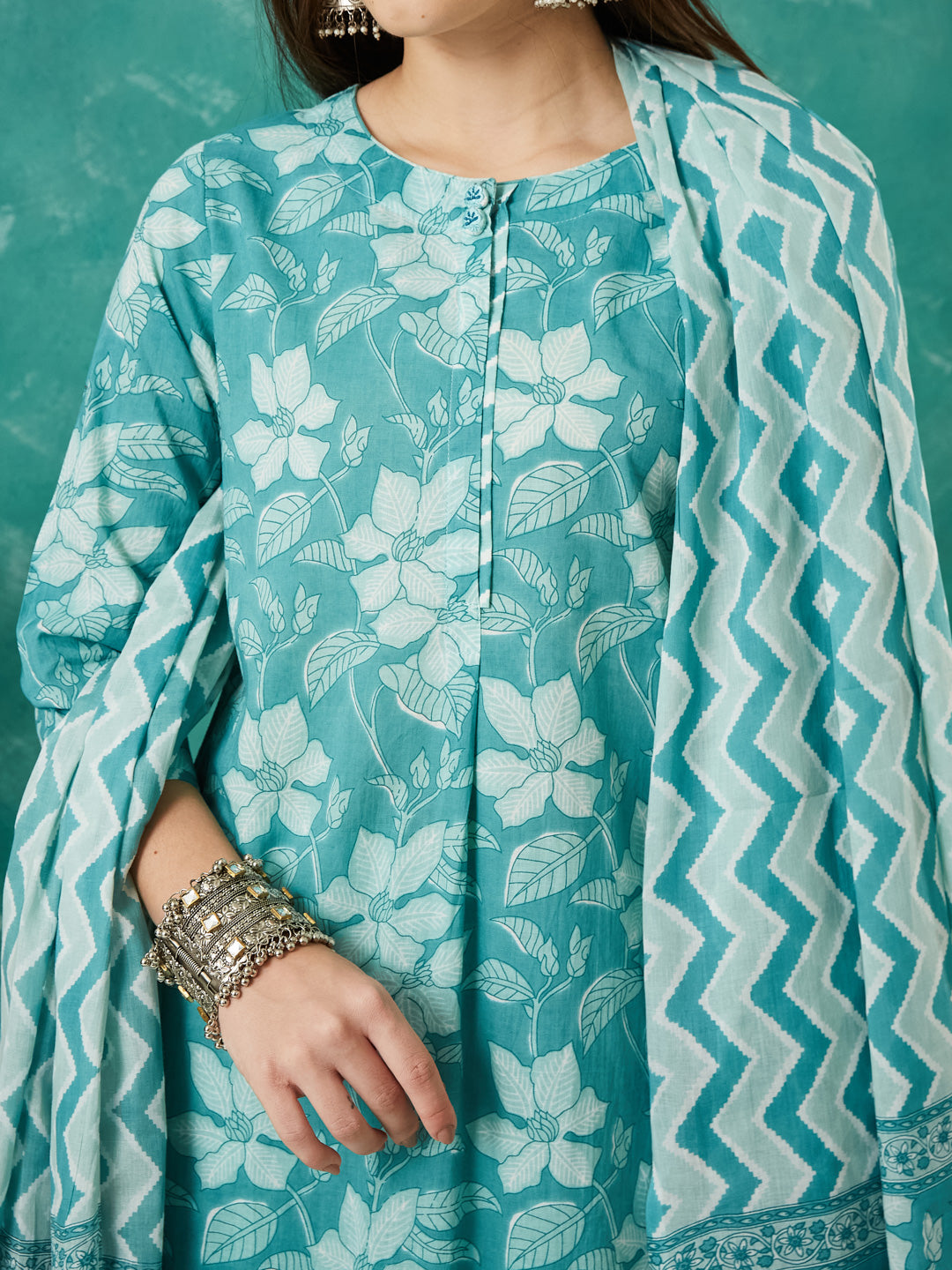 VASVI Cotton Floral Printed Kurta Pant with Dupatta, Teal Green