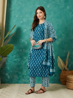 VASVI Cotton Floral Printed Kurta Pant with Dupatta, Teal Blue