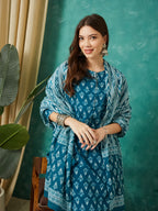 VASVI Cotton Floral Printed Kurta Pant with Dupatta, Teal Blue