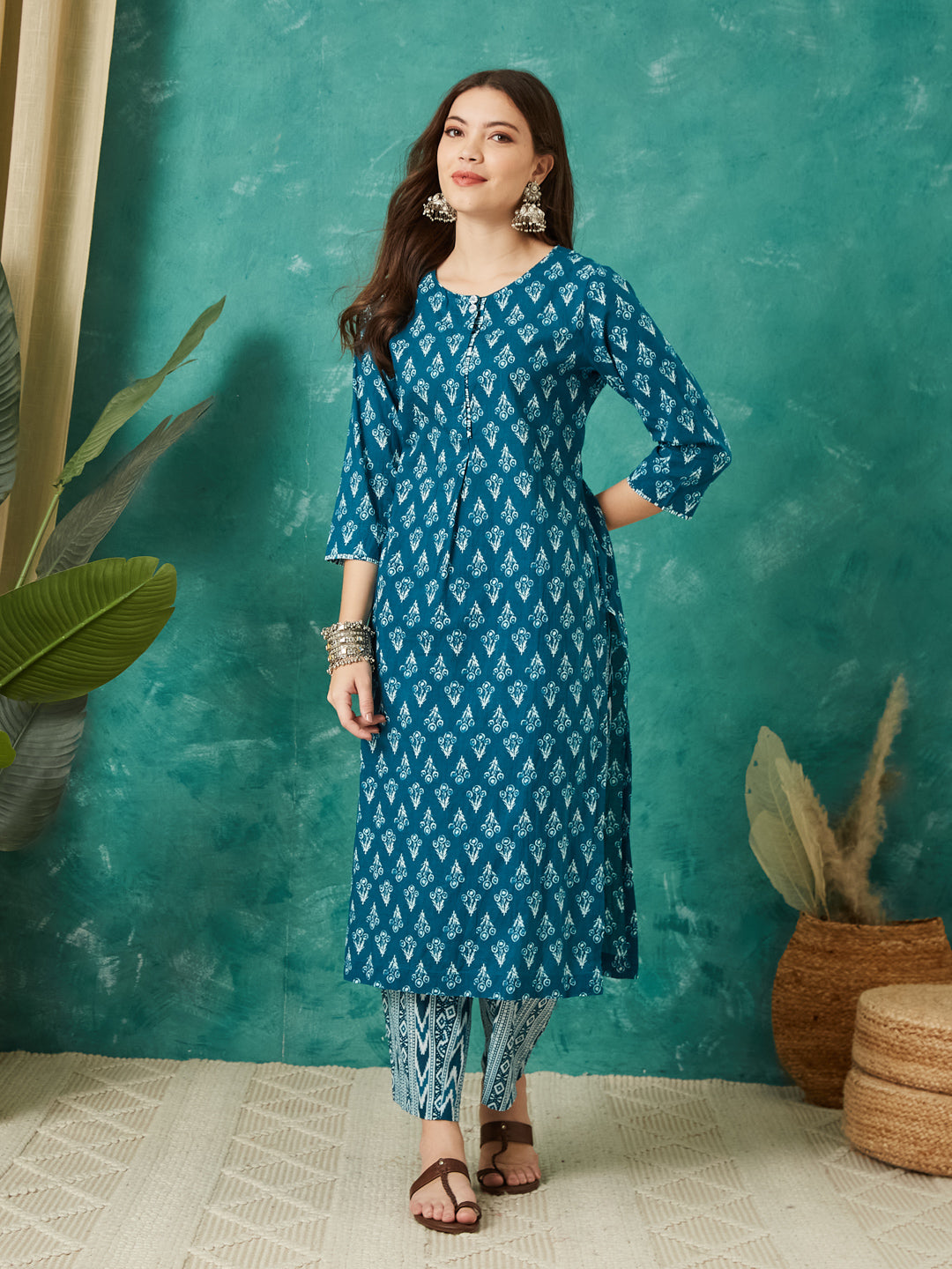 VASVI Cotton Floral Printed Kurta Pant with Dupatta, Teal Blue
