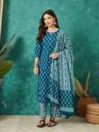 VASVI Cotton Floral Printed Kurta Pant with Dupatta, Teal Blue