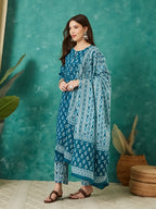 VASVI Cotton Floral Printed Kurta Pant with Dupatta, Teal Blue