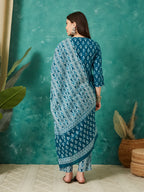 VASVI Cotton Floral Printed Kurta Pant with Dupatta, Teal Blue