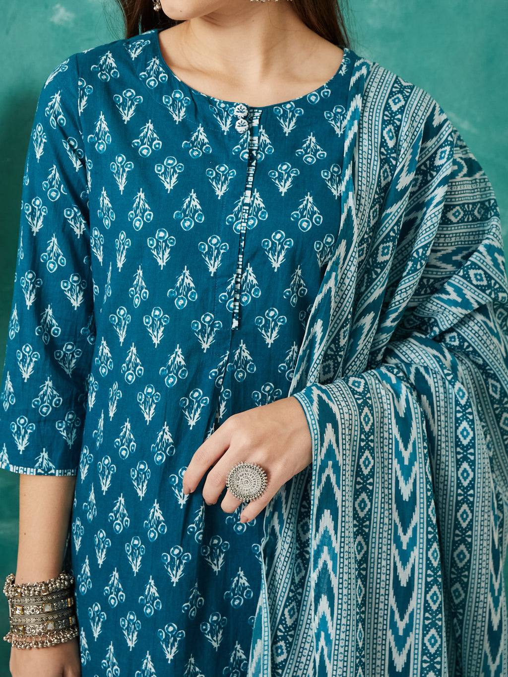 VASVI Cotton Floral Printed Kurta Pant with Dupatta, Teal Blue