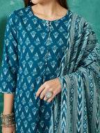 VASVI Cotton Floral Printed Kurta Pant with Dupatta, Teal Blue