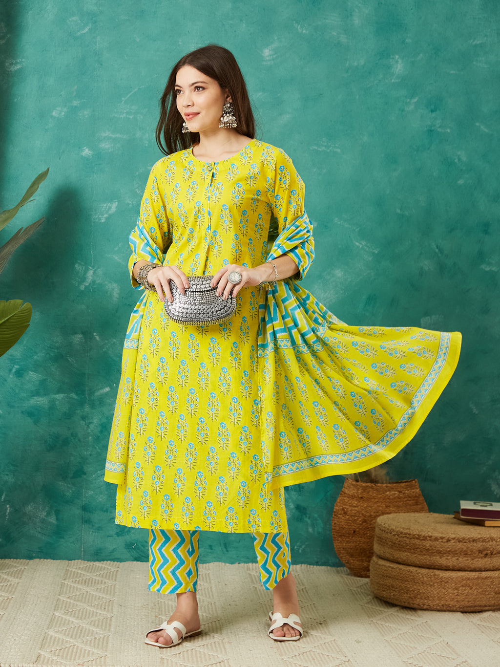 VASVI Cotton Floral Printed Kurta Pant with Dupatta, Yellow