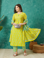 VASVI Cotton Floral Printed Kurta Pant with Dupatta, Yellow