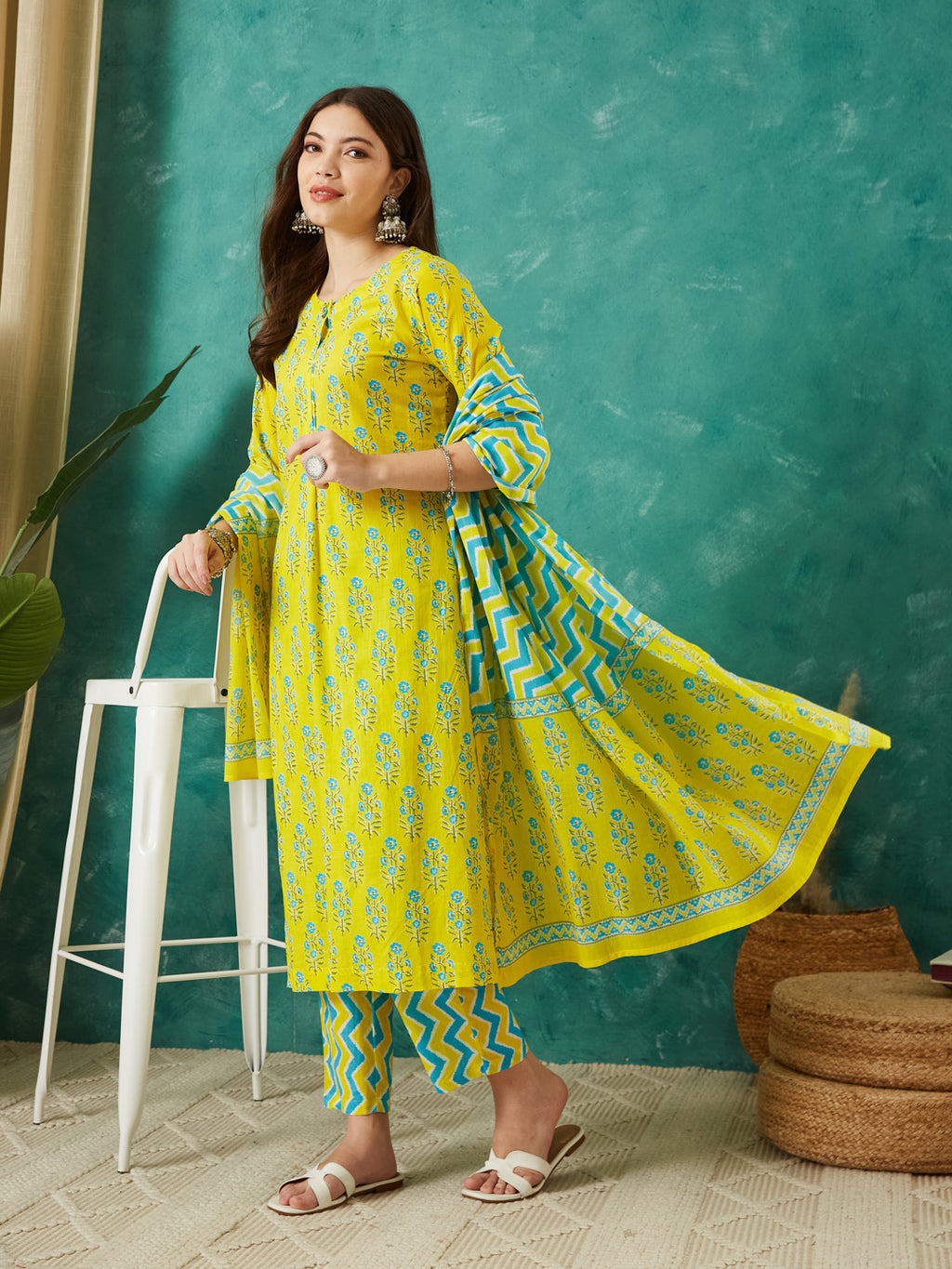 VASVI Cotton Floral Printed Kurta Pant with Dupatta, Yellow