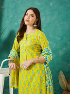 VASVI Cotton Floral Printed Kurta Pant with Dupatta, Yellow