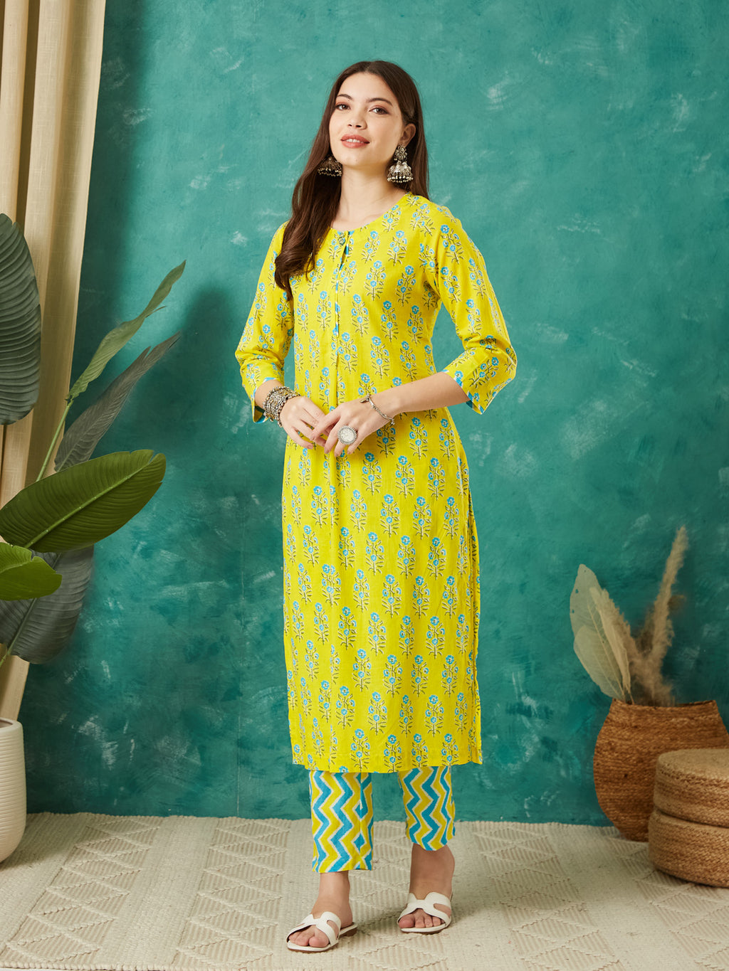 VASVI Cotton Floral Printed Kurta Pant with Dupatta, Yellow