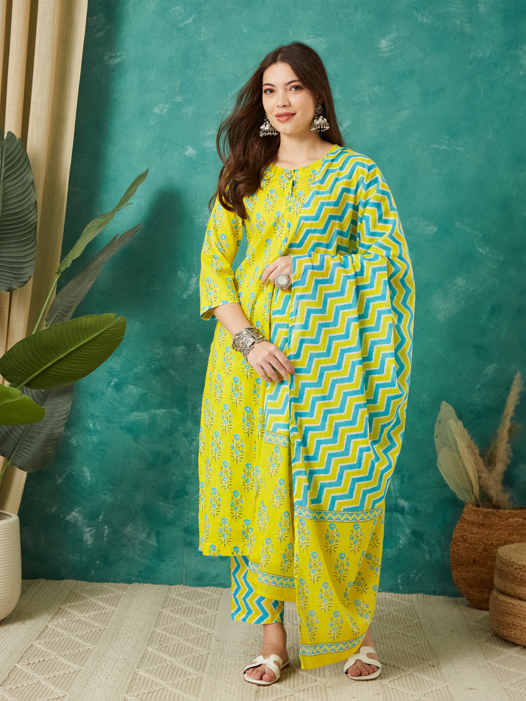 VASVI Cotton Floral Printed Kurta Pant with Dupatta, Yellow