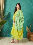 VASVI Cotton Floral Printed Kurta Pant with Dupatta, Yellow