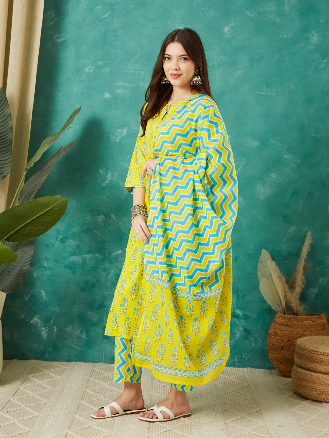 VASVI Cotton Floral Printed Kurta Pant with Dupatta, Yellow