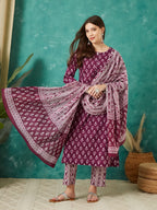 VASVI Cotton Floral Printed Kurta Pant with Dupatta, Purple