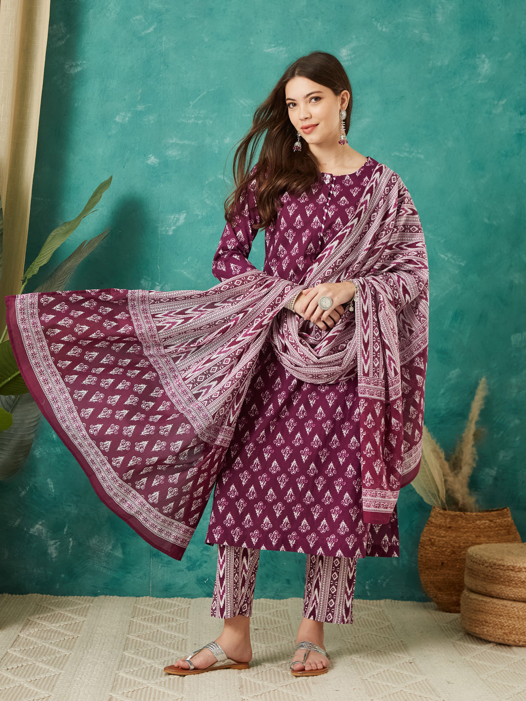 VASVI Cotton Floral Printed Kurta Pant with Dupatta, Purple