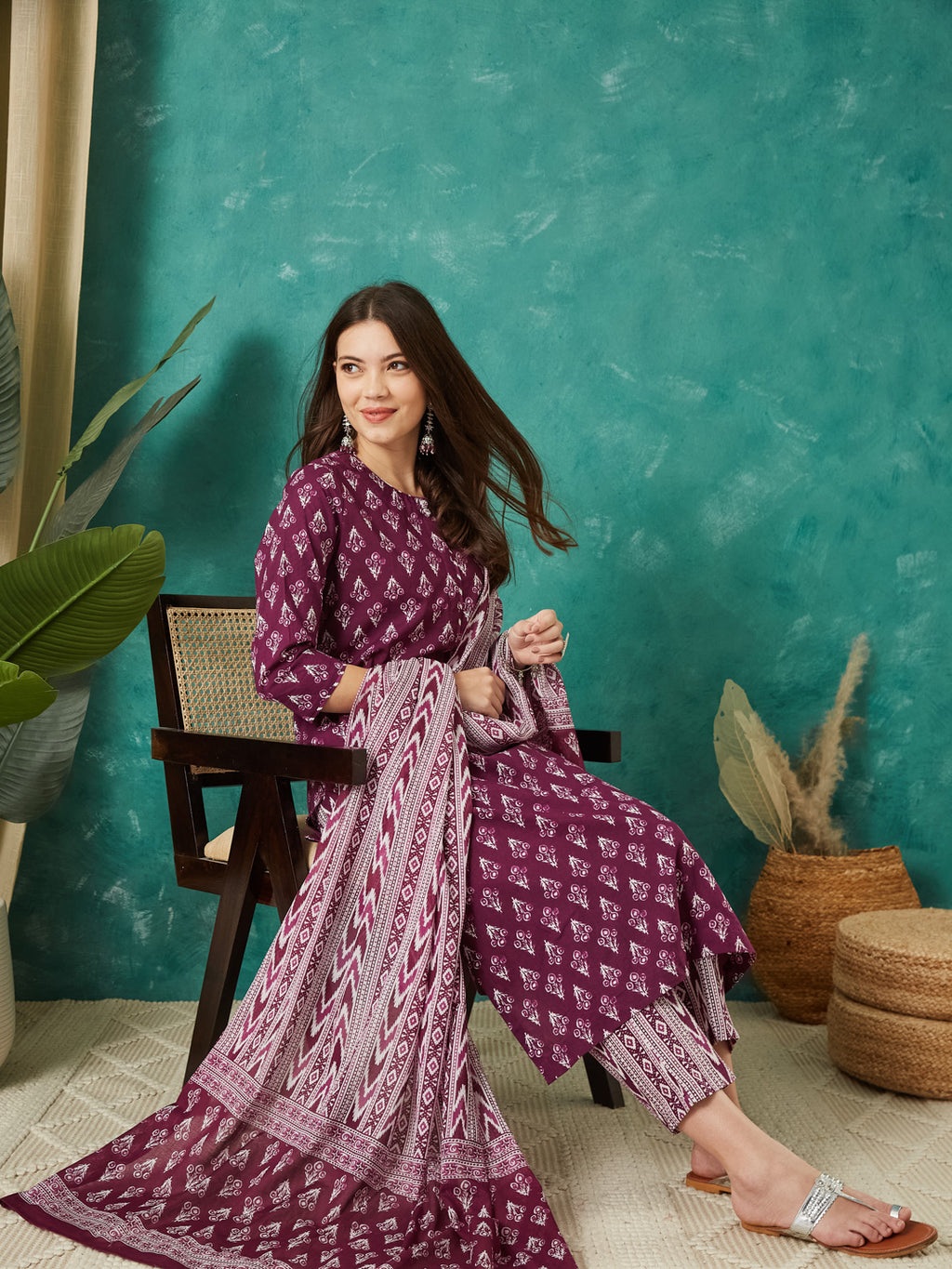 VASVI Cotton Floral Printed Kurta Pant with Dupatta, Purple