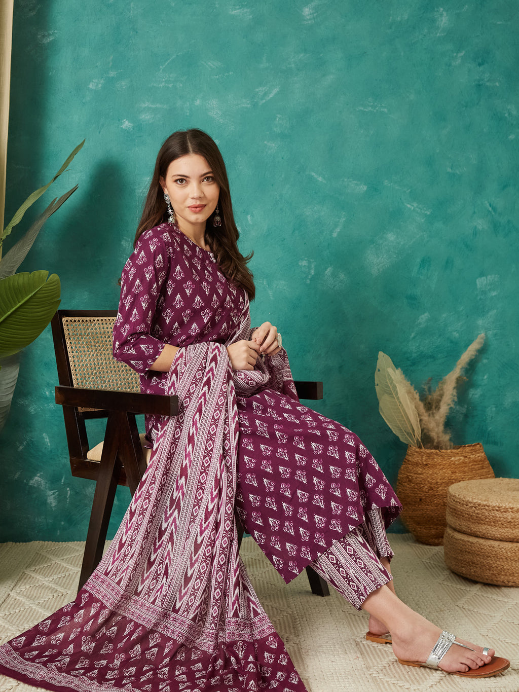 VASVI Cotton Floral Printed Kurta Pant with Dupatta, Purple