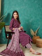 VASVI Cotton Floral Printed Kurta Pant with Dupatta, Purple