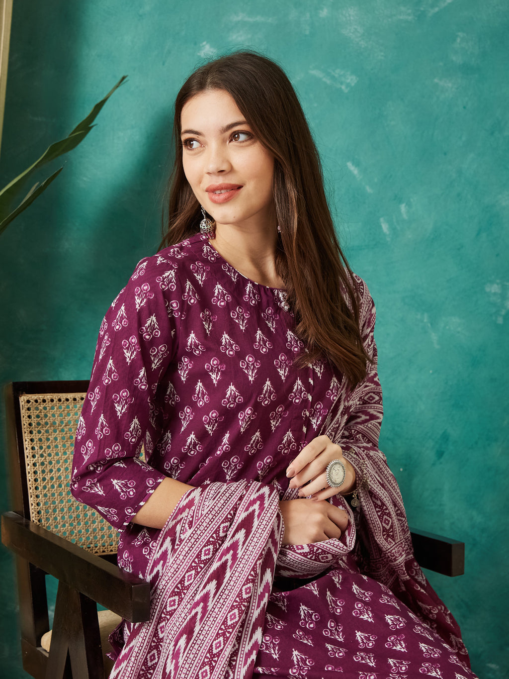 VASVI Cotton Floral Printed Kurta Pant with Dupatta, Purple
