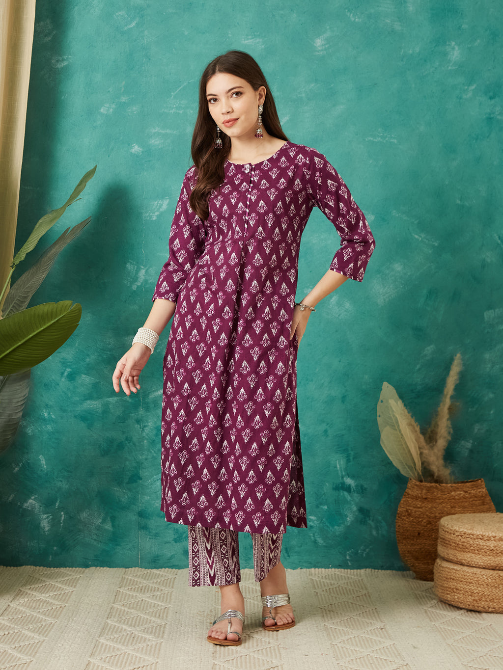 VASVI Cotton Floral Printed Kurta Pant with Dupatta, Purple