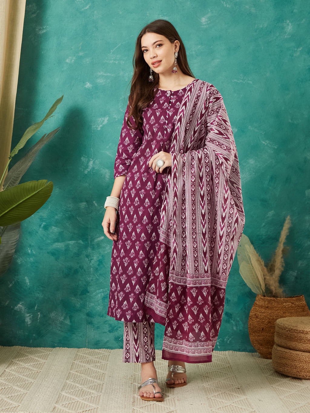 VASVI Cotton Floral Printed Kurta Pant with Dupatta, Purple