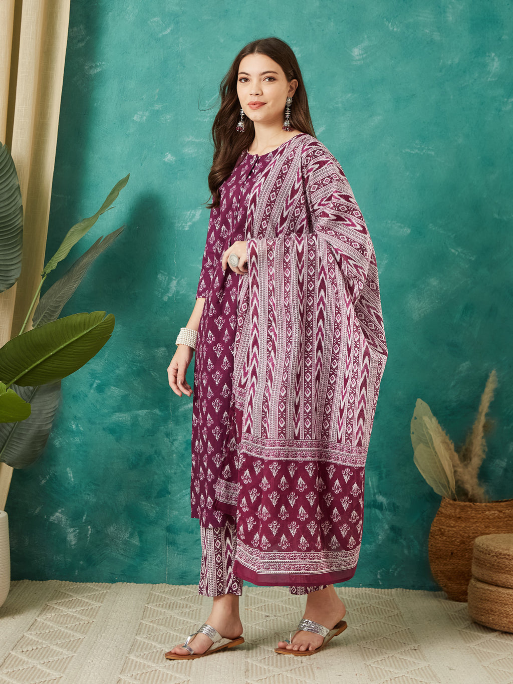 VASVI Cotton Floral Printed Kurta Pant with Dupatta, Purple