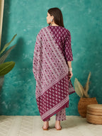 VASVI Cotton Floral Printed Kurta Pant with Dupatta, Purple