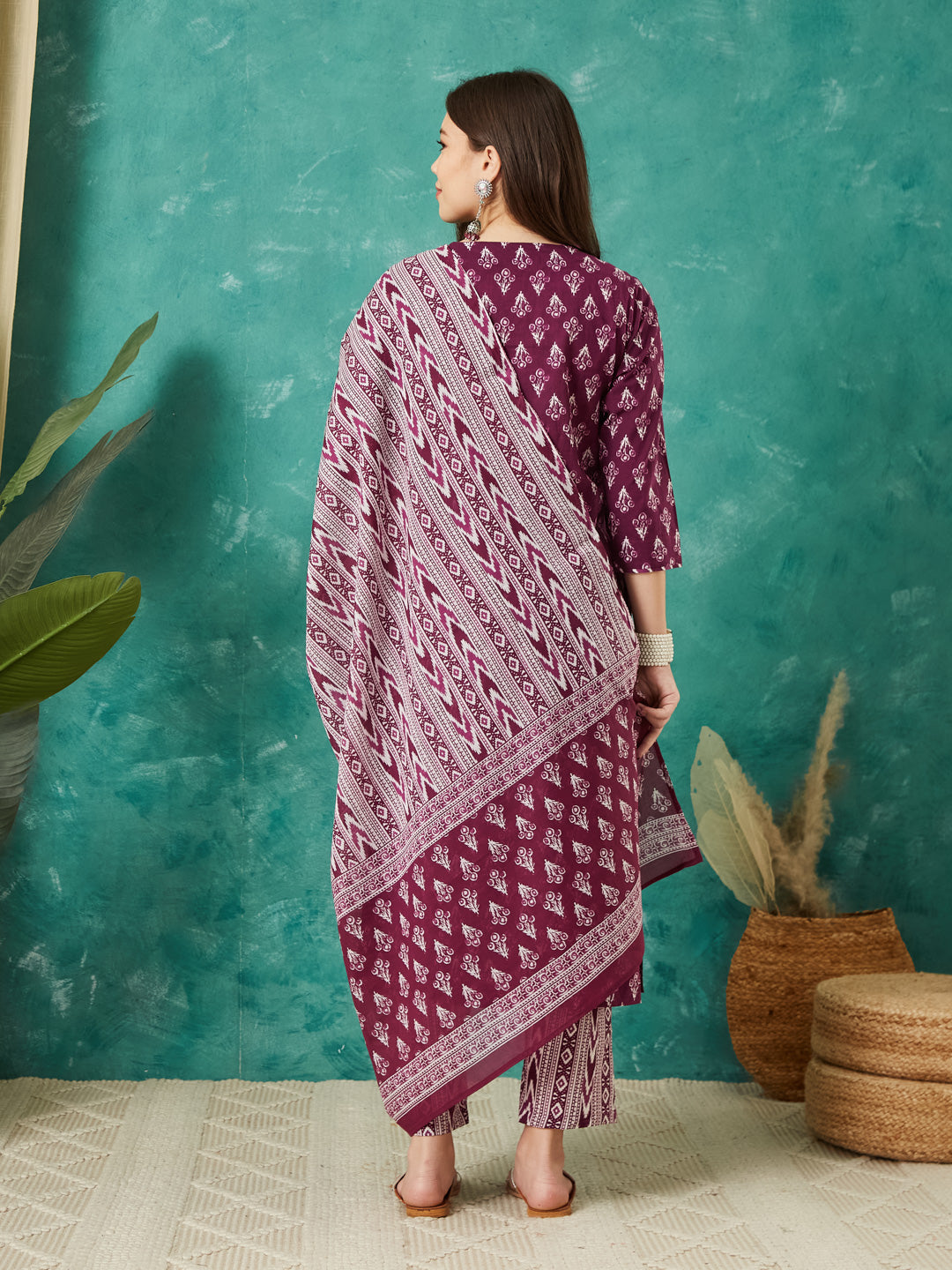 VASVI Cotton Floral Printed Kurta Pant with Dupatta, Purple