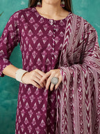 VASVI Cotton Floral Printed Kurta Pant with Dupatta, Purple