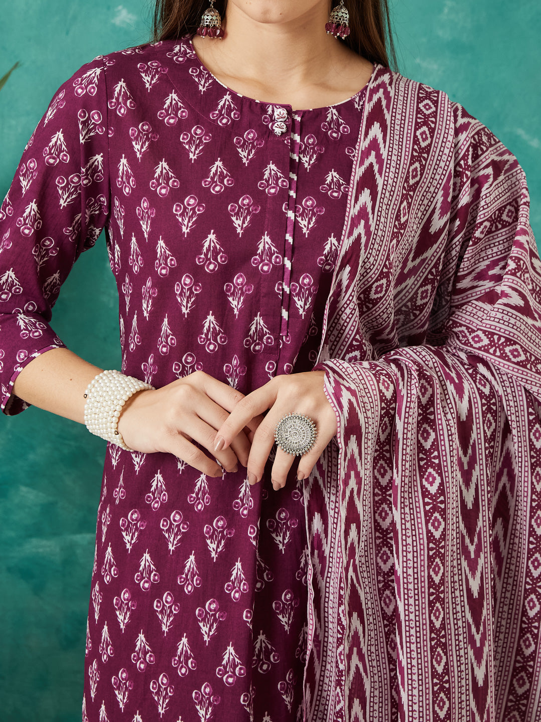 VASVI Cotton Floral Printed Kurta Pant with Dupatta, Purple