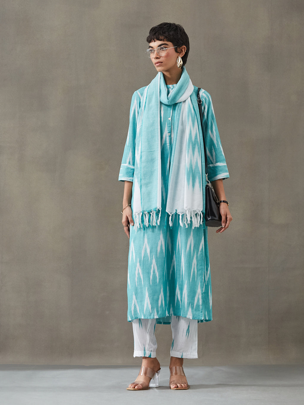 VASVI Women Cotton Ikat Printed Kurta Set with Dupatta, Green Hue