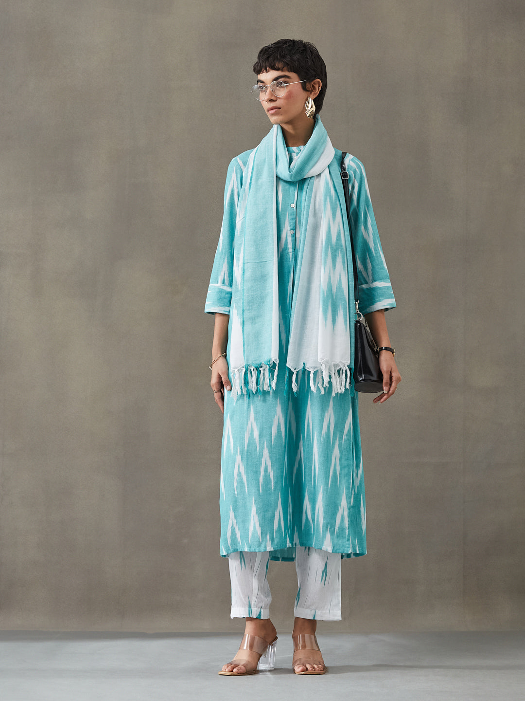 VASVI Women Cotton Ikat Printed Kurta Set with Dupatta, Green Hue