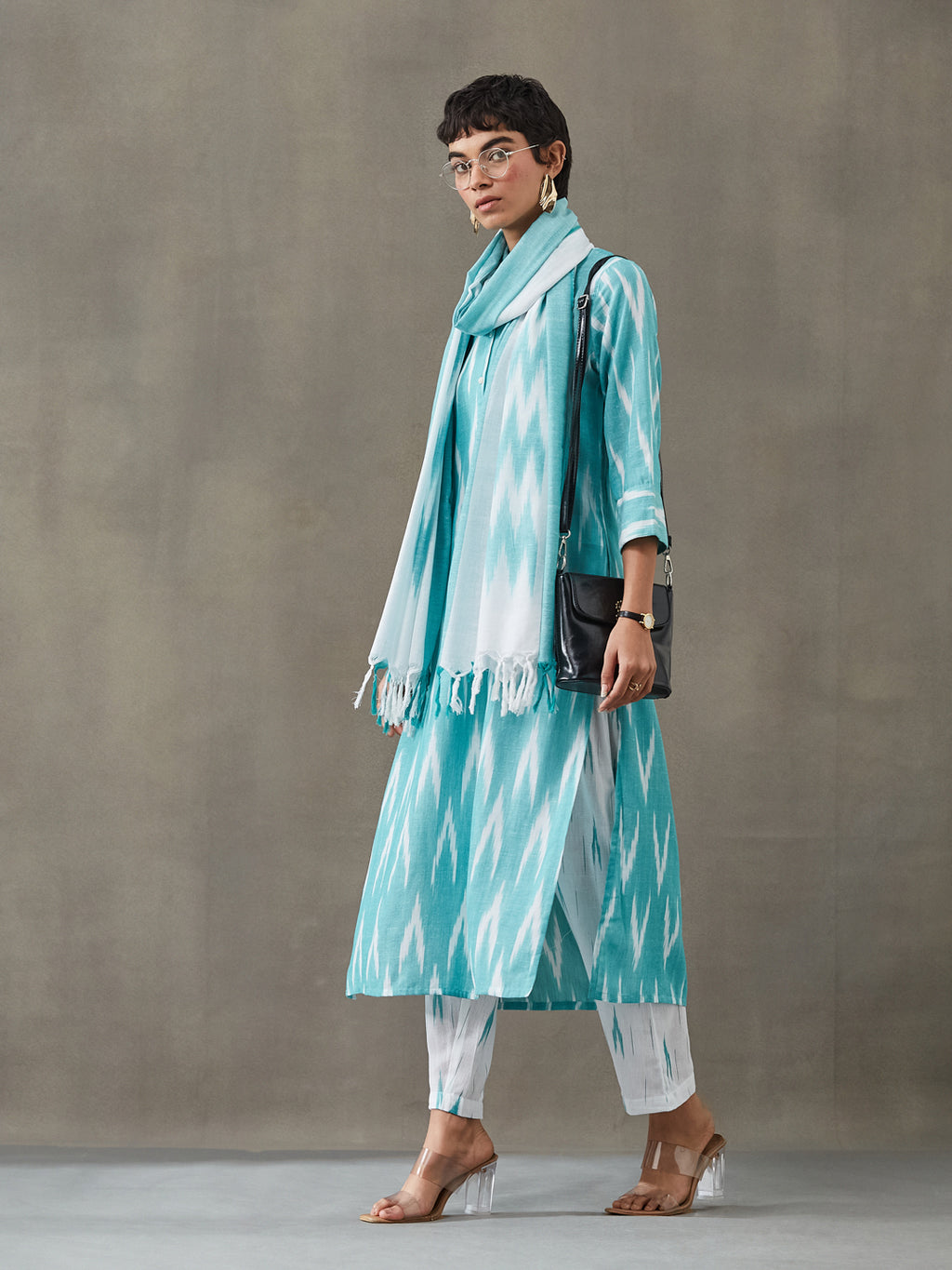 VASVI Women Cotton Ikat Printed Kurta Set with Dupatta, Green Hue