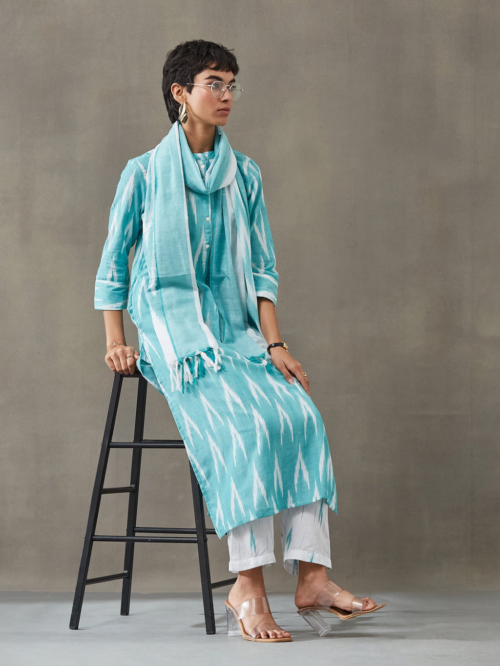 VASVI Women Cotton Ikat Printed Kurta Set with Dupatta, Green Hue