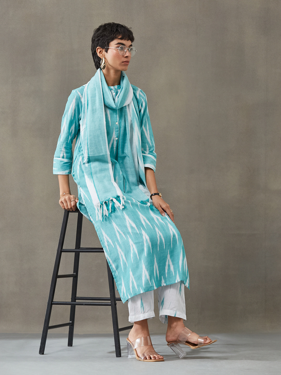 VASVI Women Cotton Ikat Printed Kurta Set with Dupatta, Green Hue