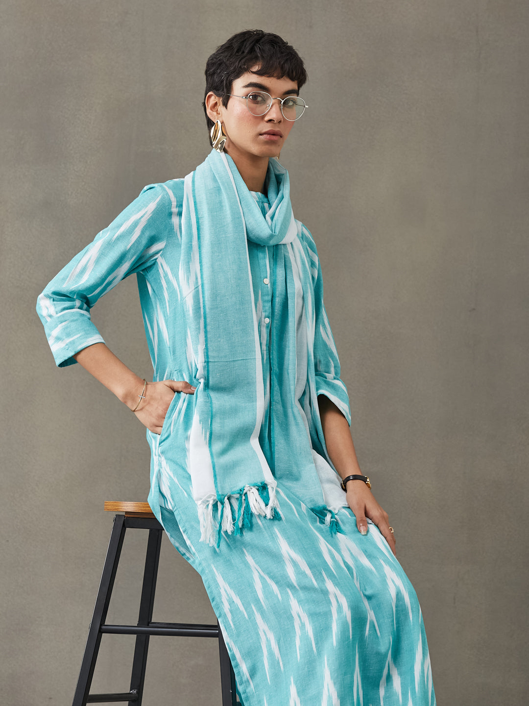 VASVI Women Cotton Ikat Printed Kurta Set with Dupatta, Green Hue