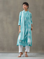 VASVI Women Cotton Ikat Printed Kurta Set with Dupatta, Green Hue