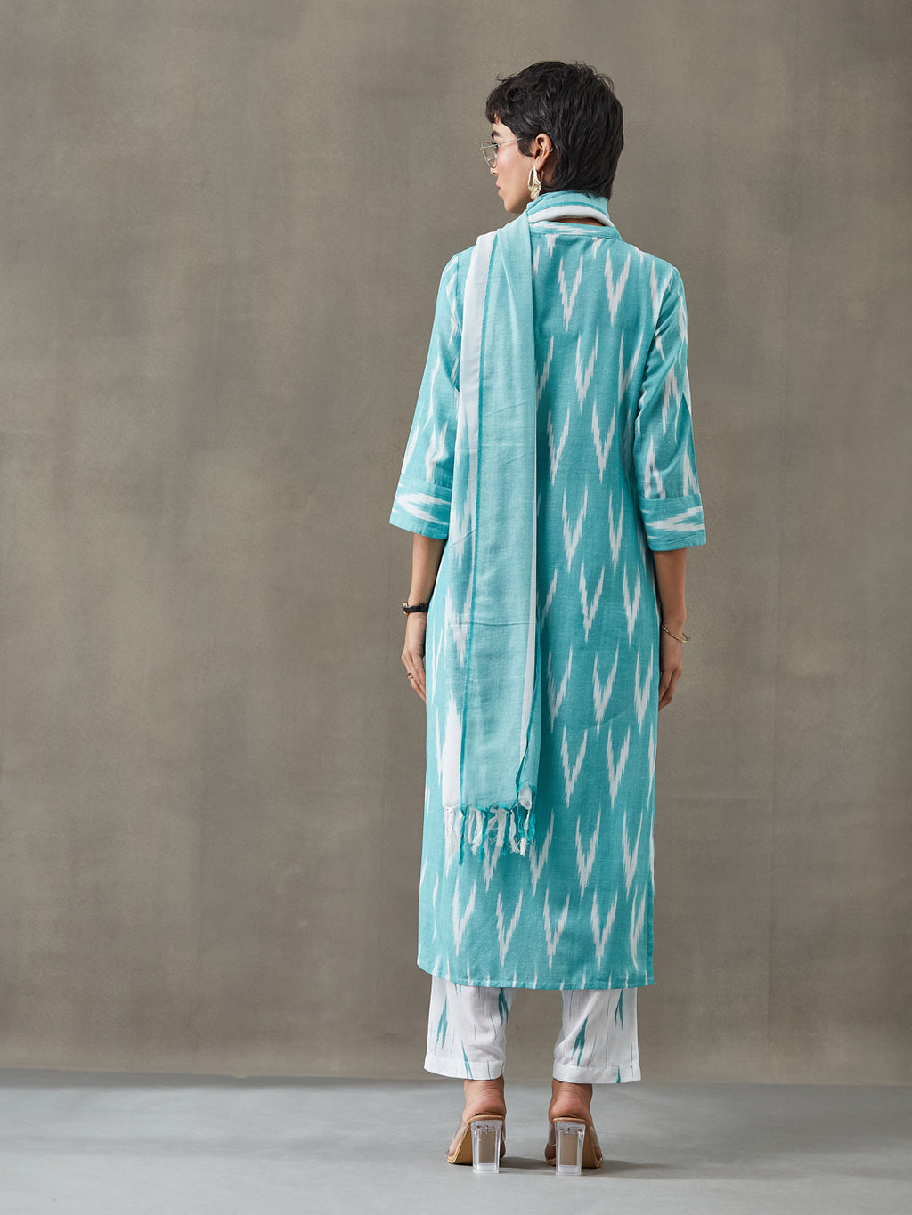 VASVI Women Cotton Ikat Printed Kurta Set with Dupatta, Green Hue