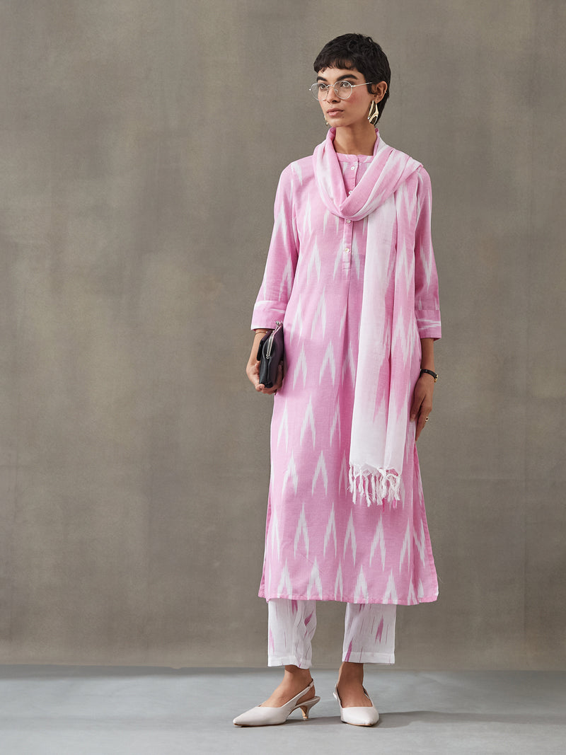 VASVI Women Cotton Ikat Printed Kurta Set with Dupatta, Pink