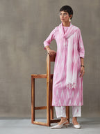 VASVI Women Cotton Ikat Printed Kurta Set with Dupatta, Pink