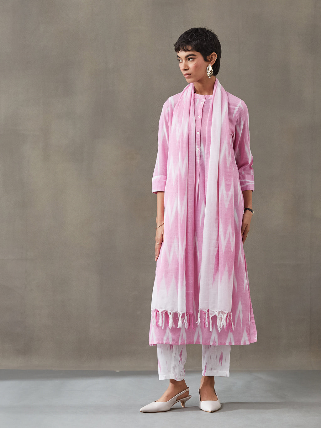VASVI Women Cotton Ikat Printed Kurta Set with Dupatta, Pink
